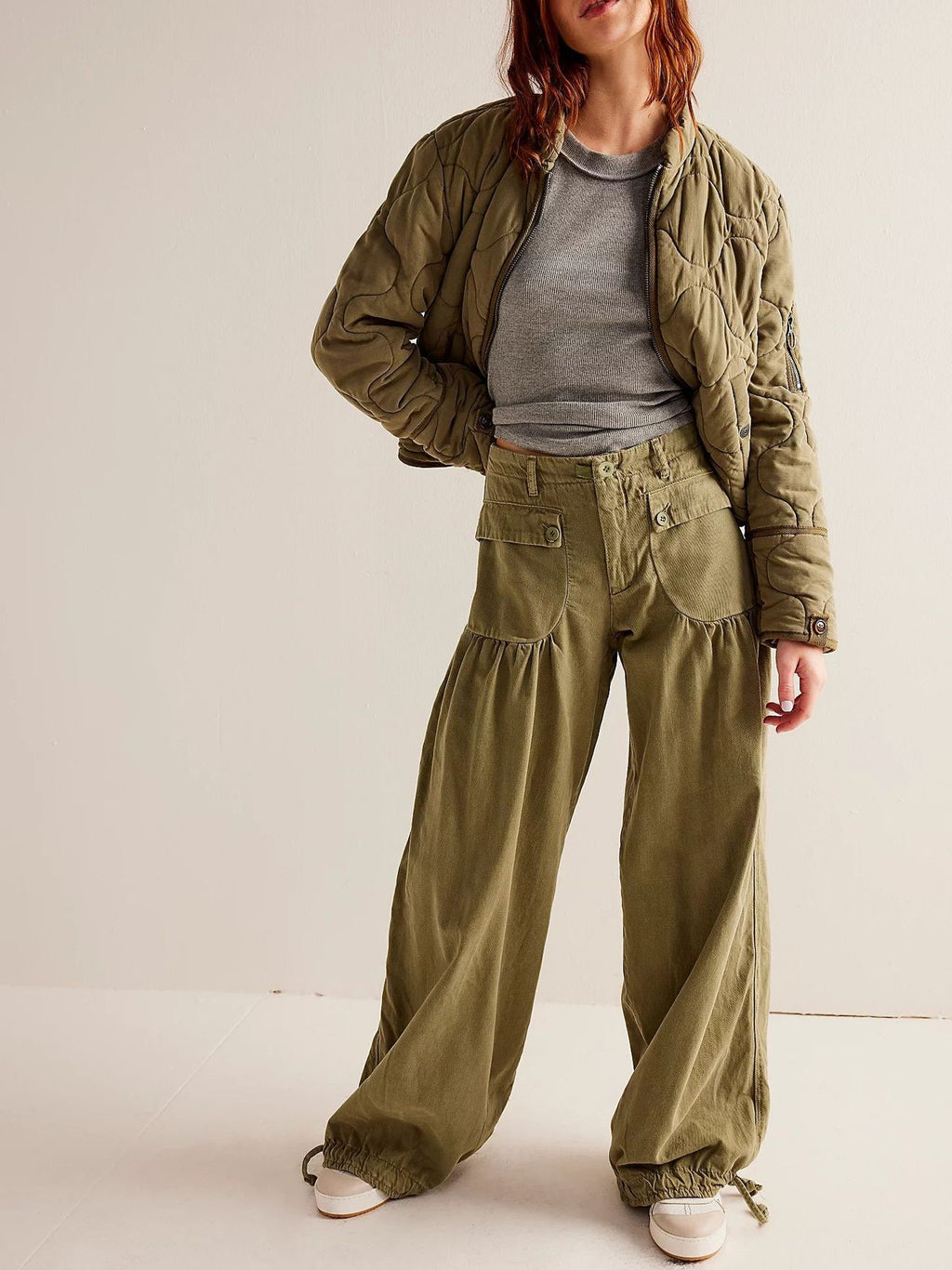 Cinch Tie Hem Balloon Leg Jeans - GoldenOlive