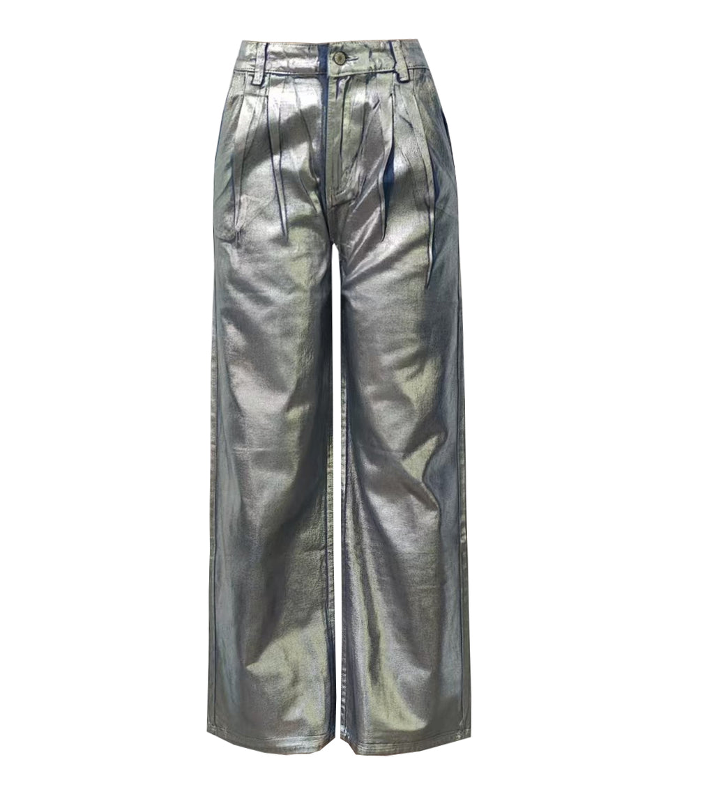 Metallic Foil Coated Wide Leg Jeans - Blue