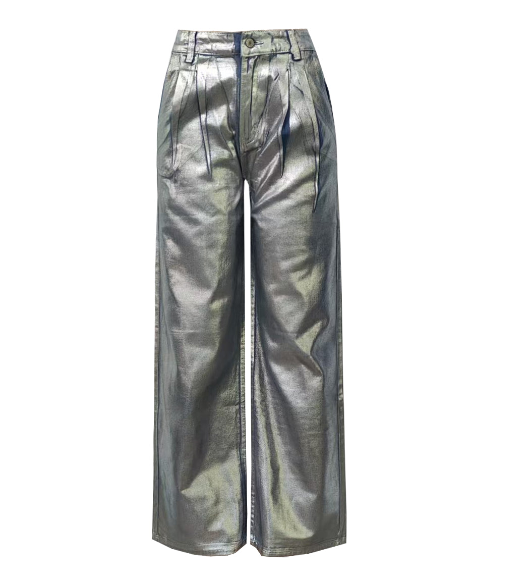Metallic Foil Coated Wide Leg Jeans - Blue