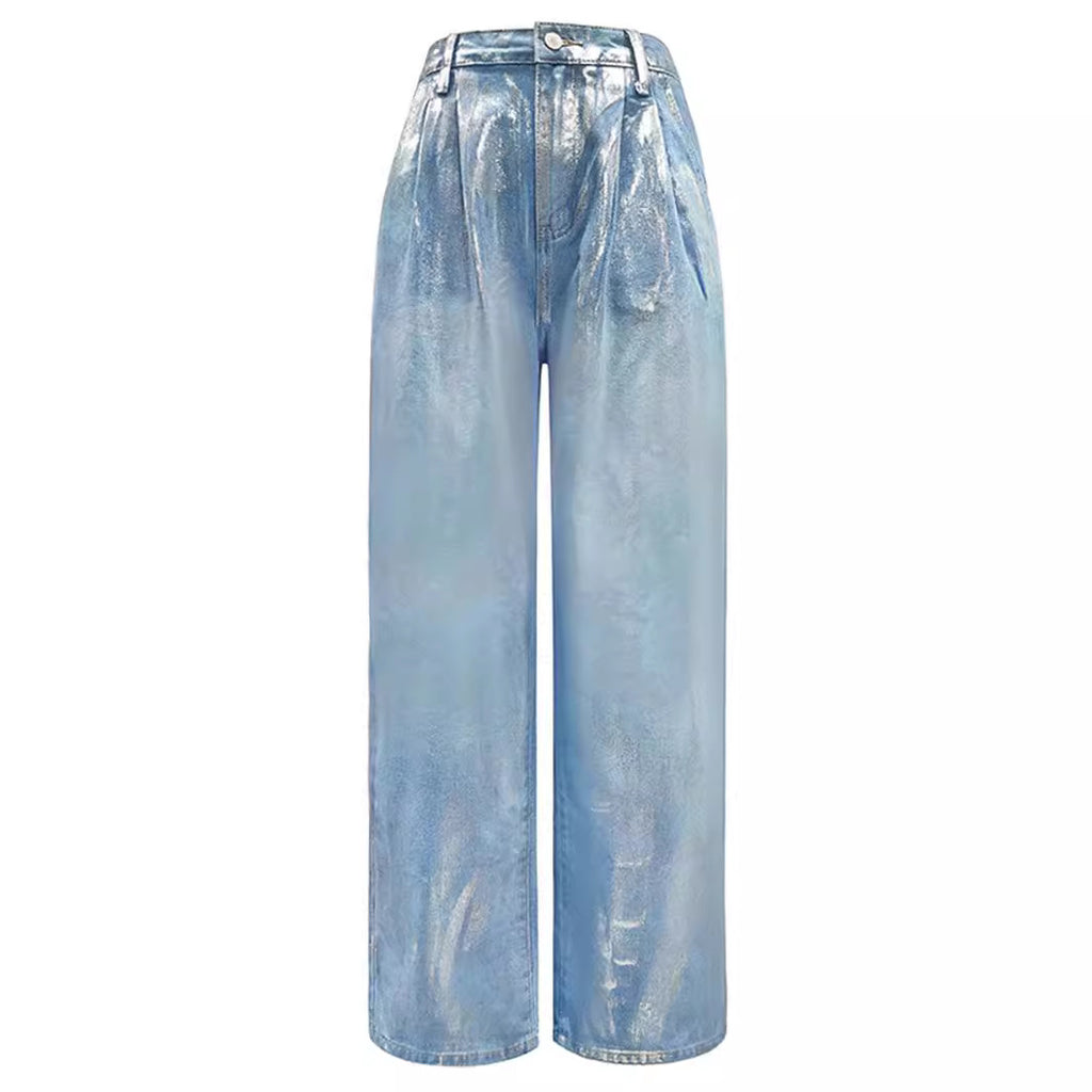 Metallic Foil Coated Wide Leg Jeans - Blue - 1