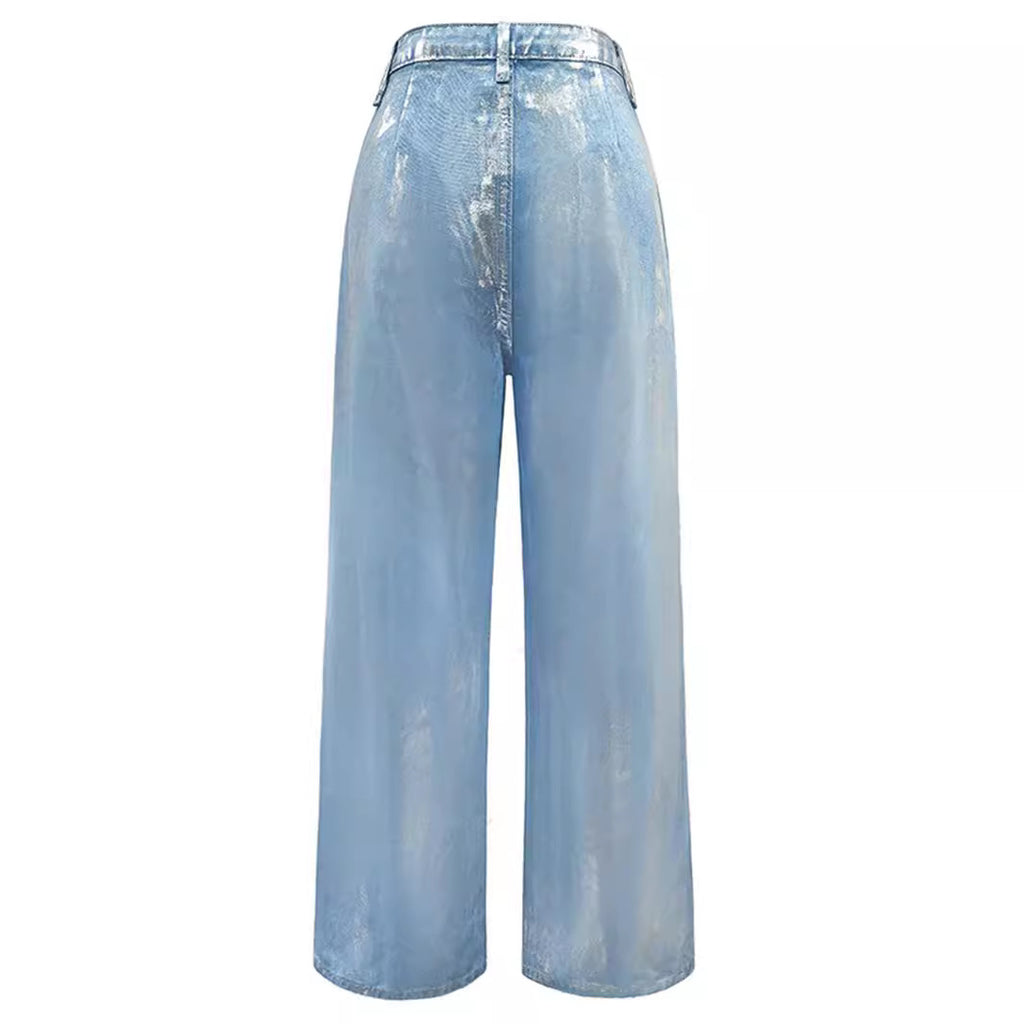 Metallic Foil Coated Wide Leg Jeans - Blue - 2