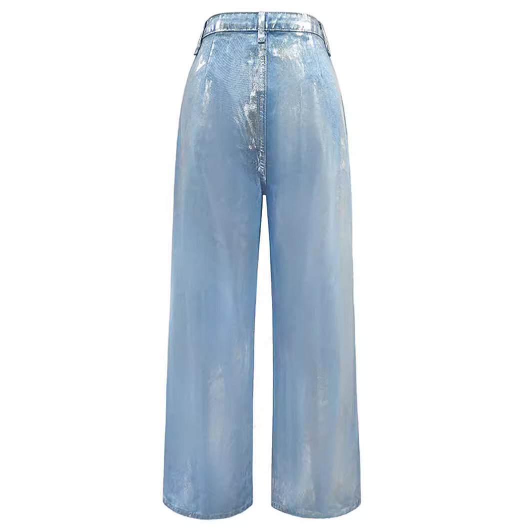 Metallic Foil Coated Wide Leg Jeans - Blue - 2