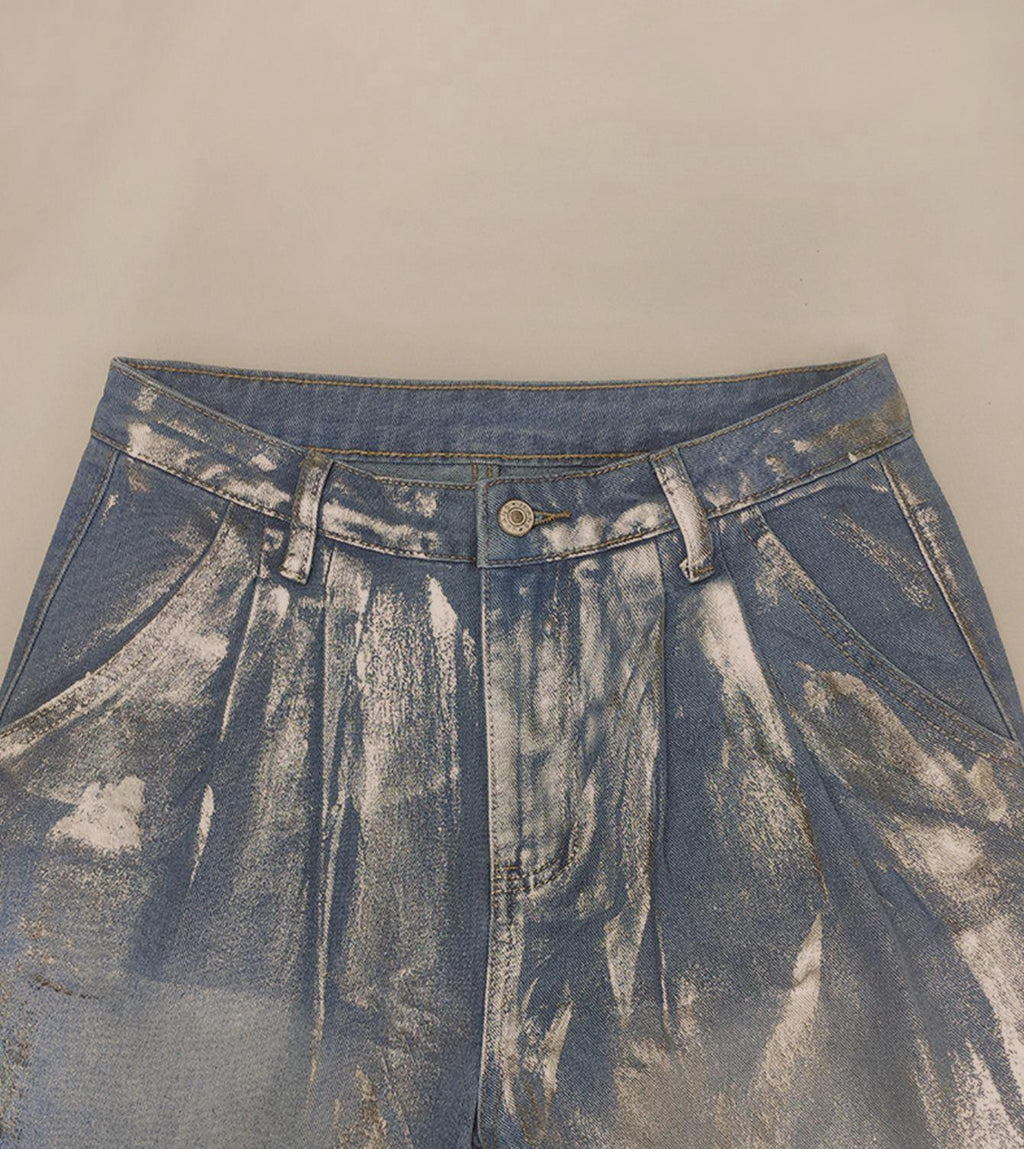 Metallic Foil Coated Wide Leg Jeans - Blue - 3