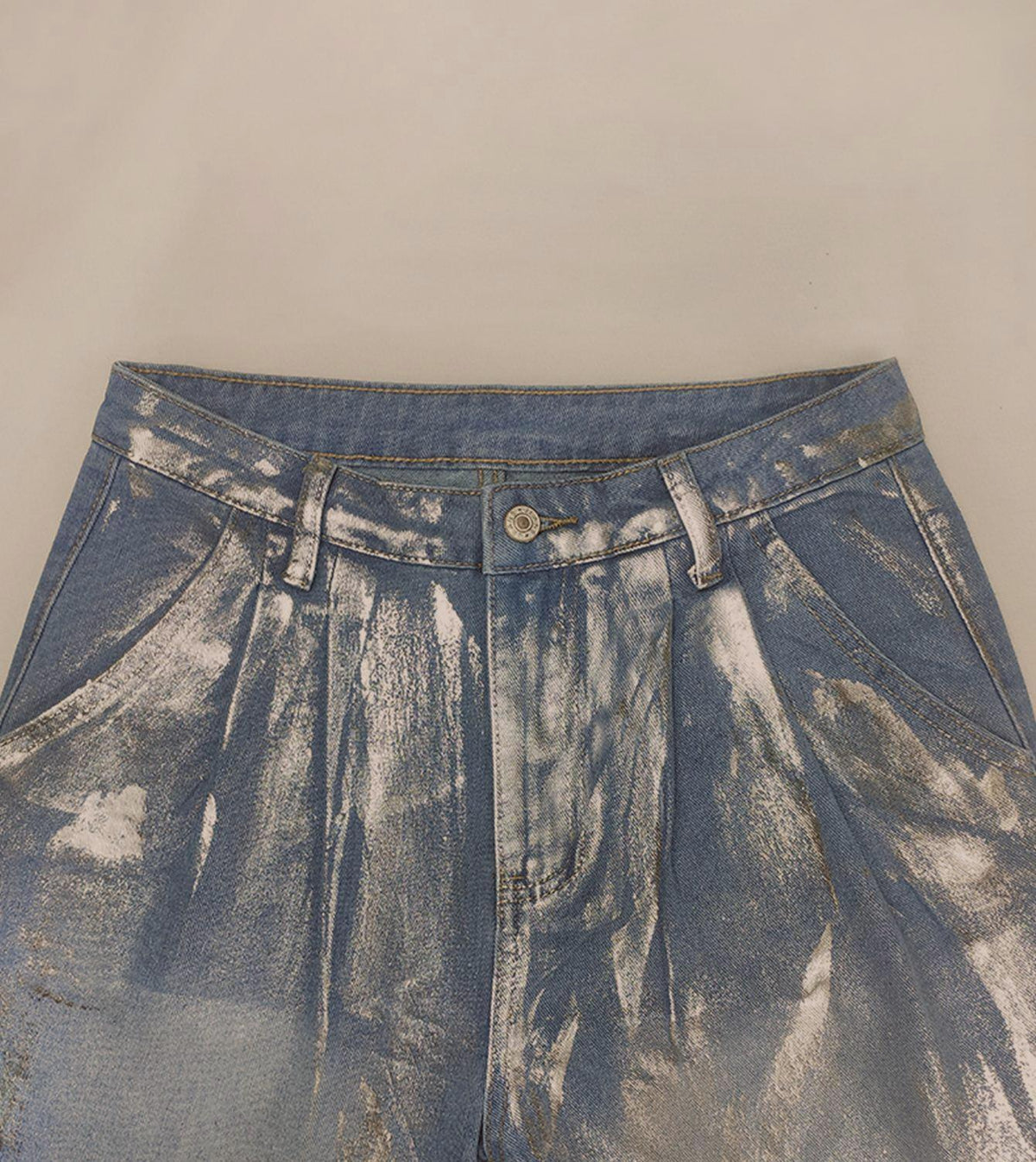 Metallic Foil Coated Wide Leg Jeans - Blue - 3