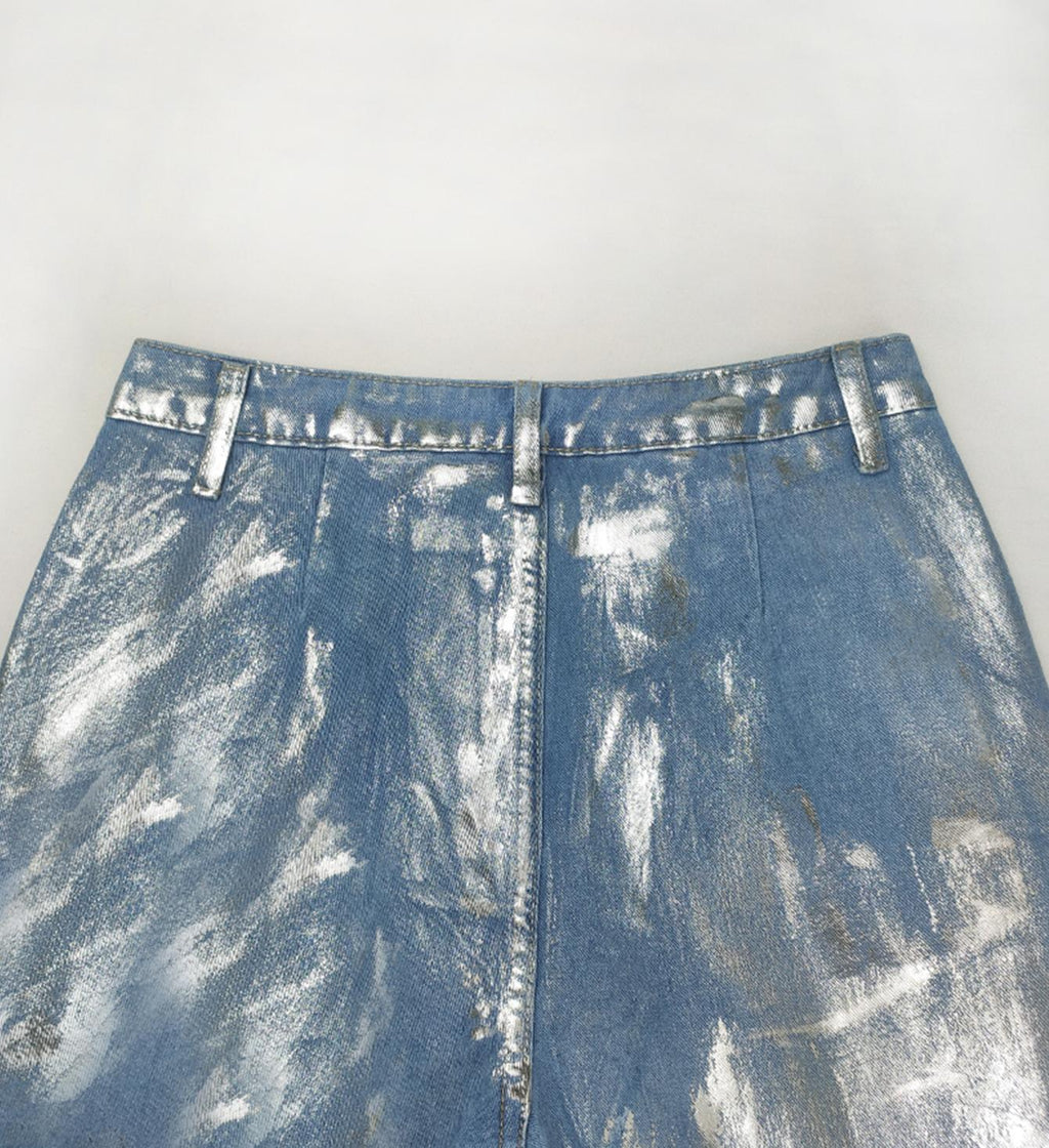 Metallic Foil Coated Wide Leg Jeans - Blue - 4