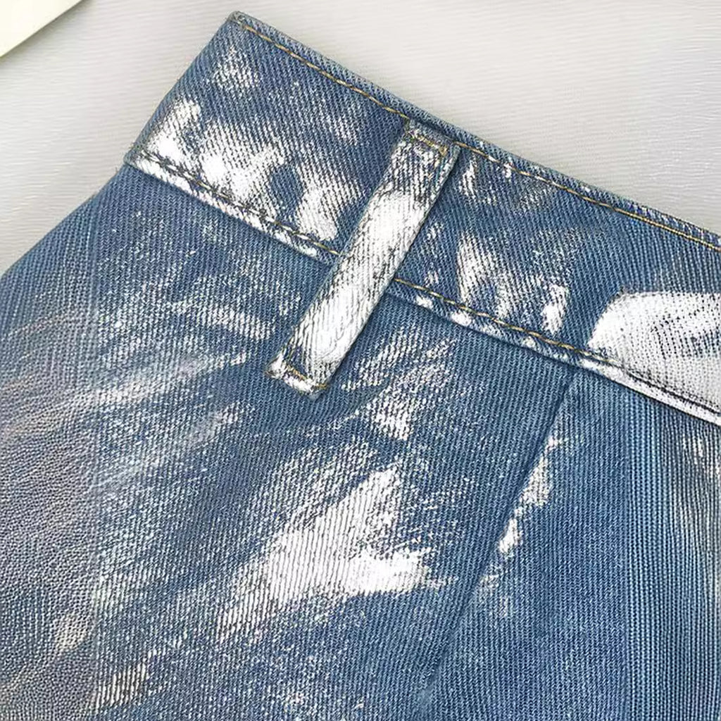 Metallic Foil Coated Wide Leg Jeans - Blue - 5
