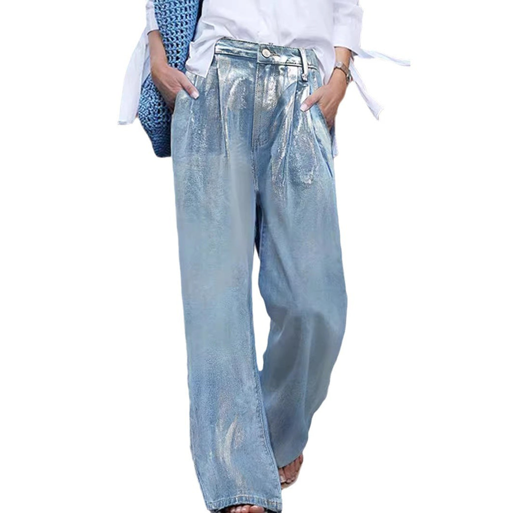 Metallic Foil Coated Wide Leg Jeans - Blue - 7