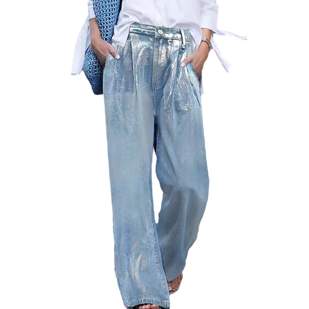 Metallic Foil Coated Wide Leg Jeans - Blue - 7