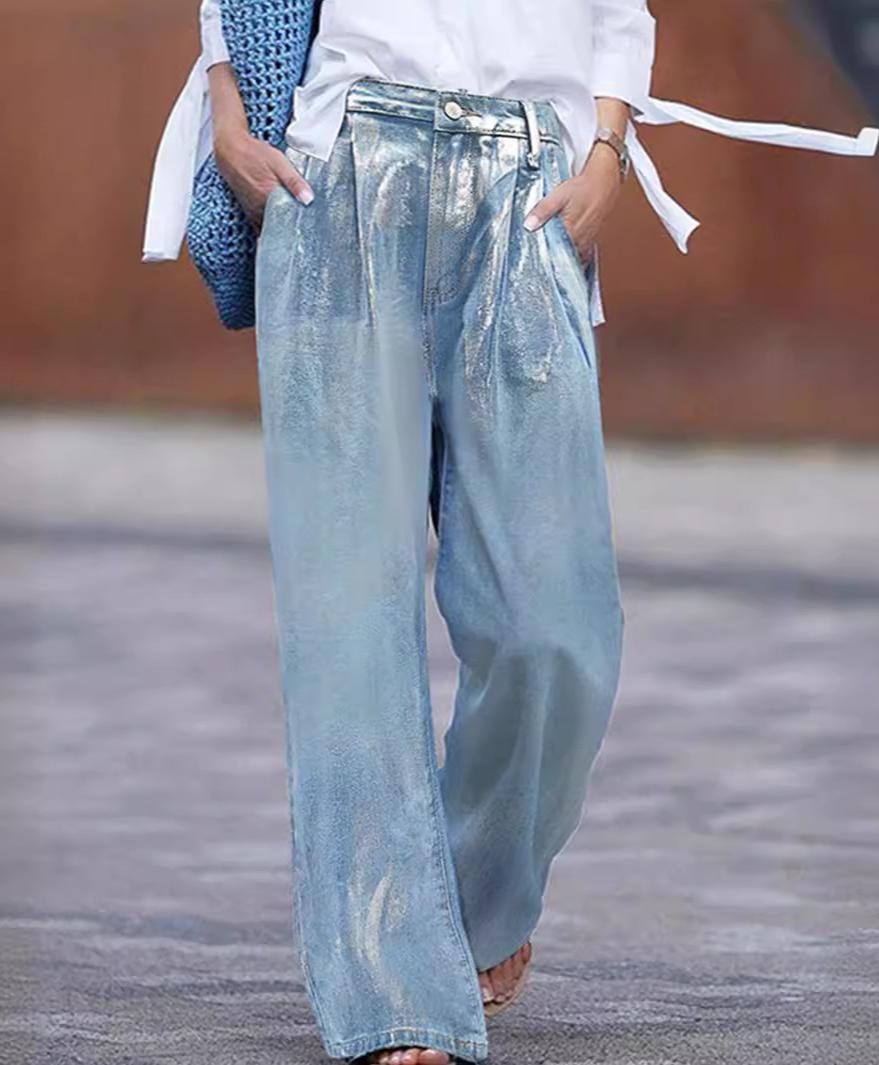 Metallic Foil Coated Wide Leg Jeans - Blue - 8