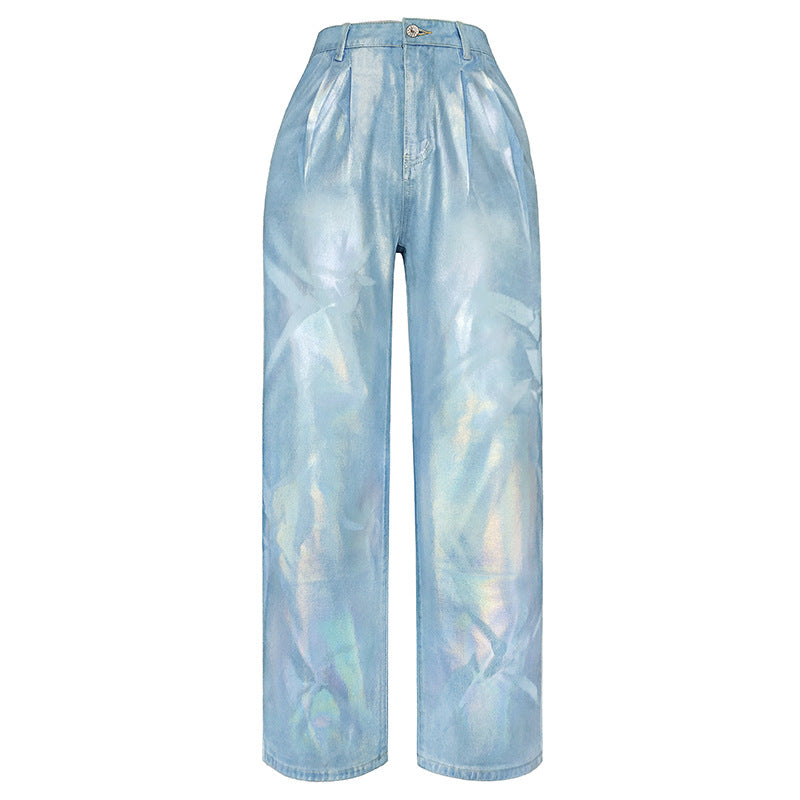 Metallic Foil Coated Wide Leg Jeans - SkyBlue