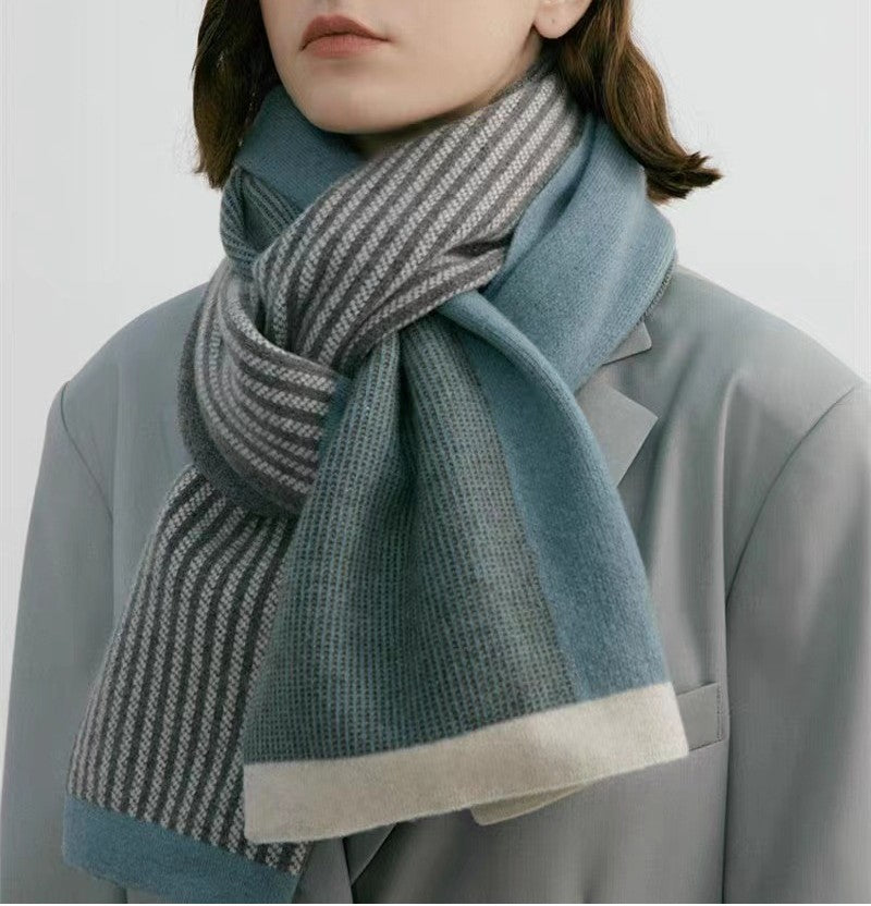 Reversible Striped Colorblock Knit Scarf - Blue