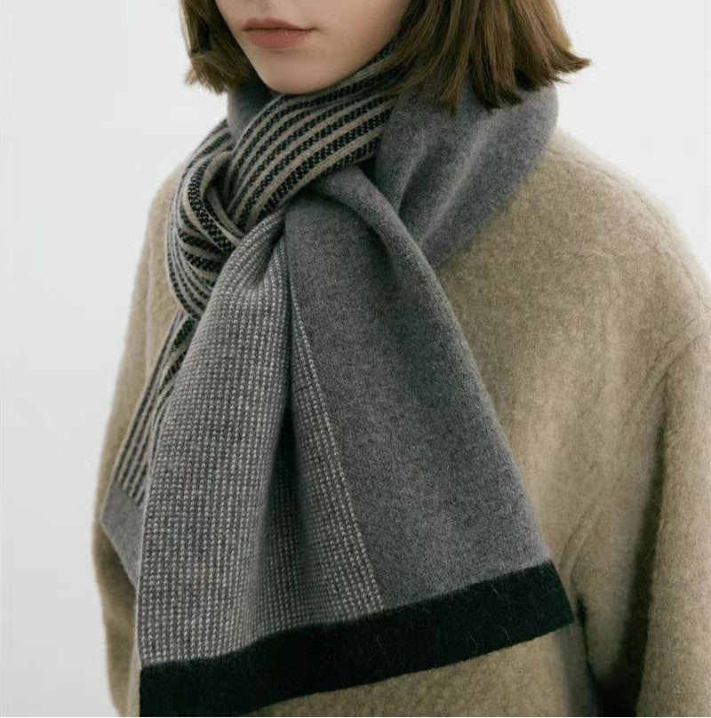 Reversible Striped Colorblock Knit Scarf - Grey