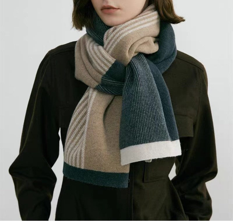 Reversible Striped Colorblock Knit Scarf - Khaki