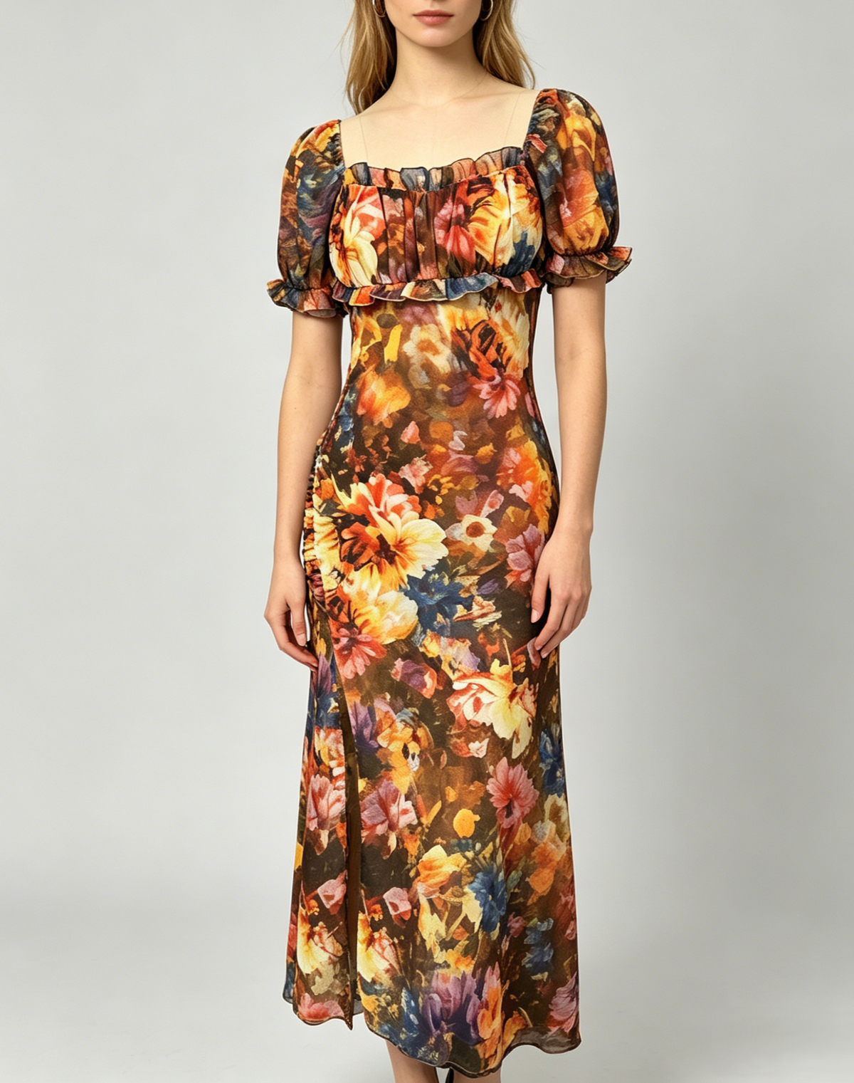 Painterly Floral Square Neck Maxi Dress - Orange