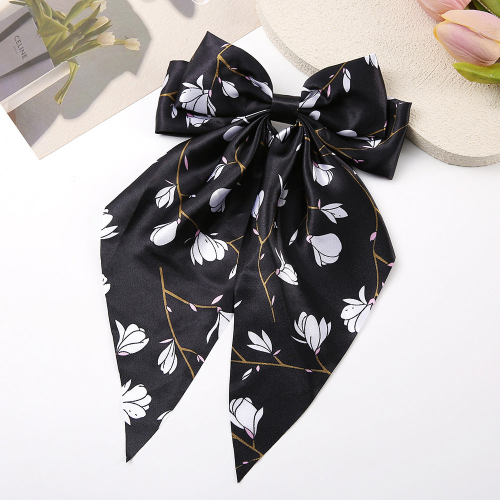 Magnolia Floral Satin Bow Hair Clip - Black