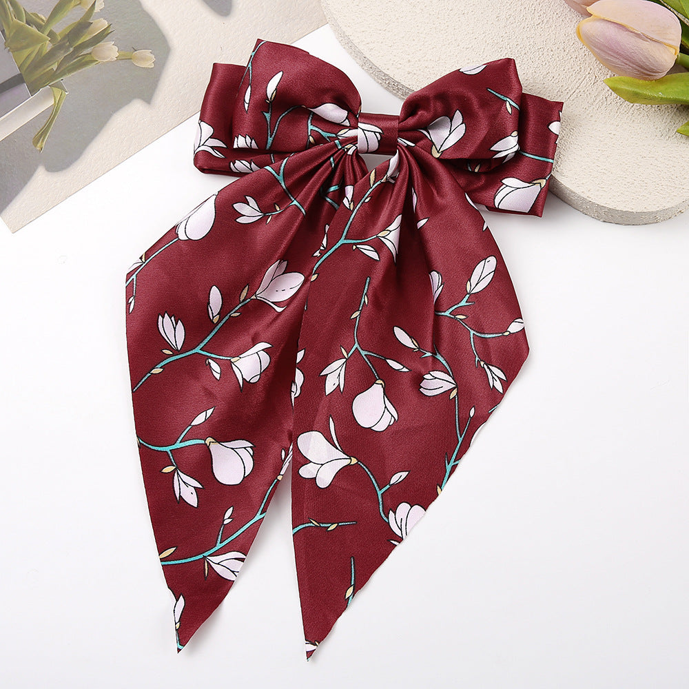 Magnolia Floral Satin Bow Hair Clip - Red