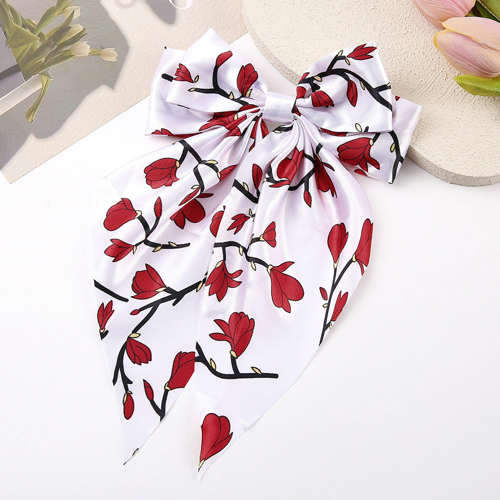 Magnolia Floral Satin Bow Hair Clip - White
