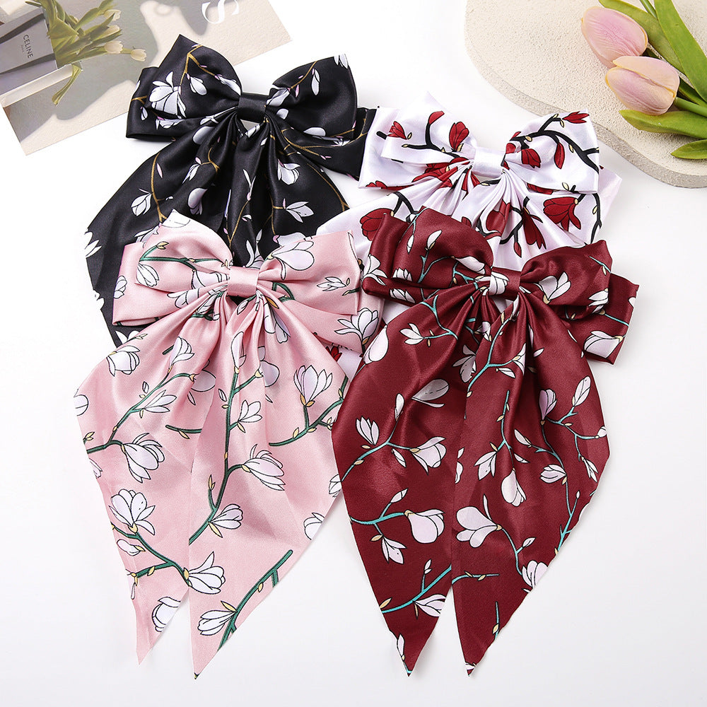 Magnolia Floral Satin Bow Hair Clip