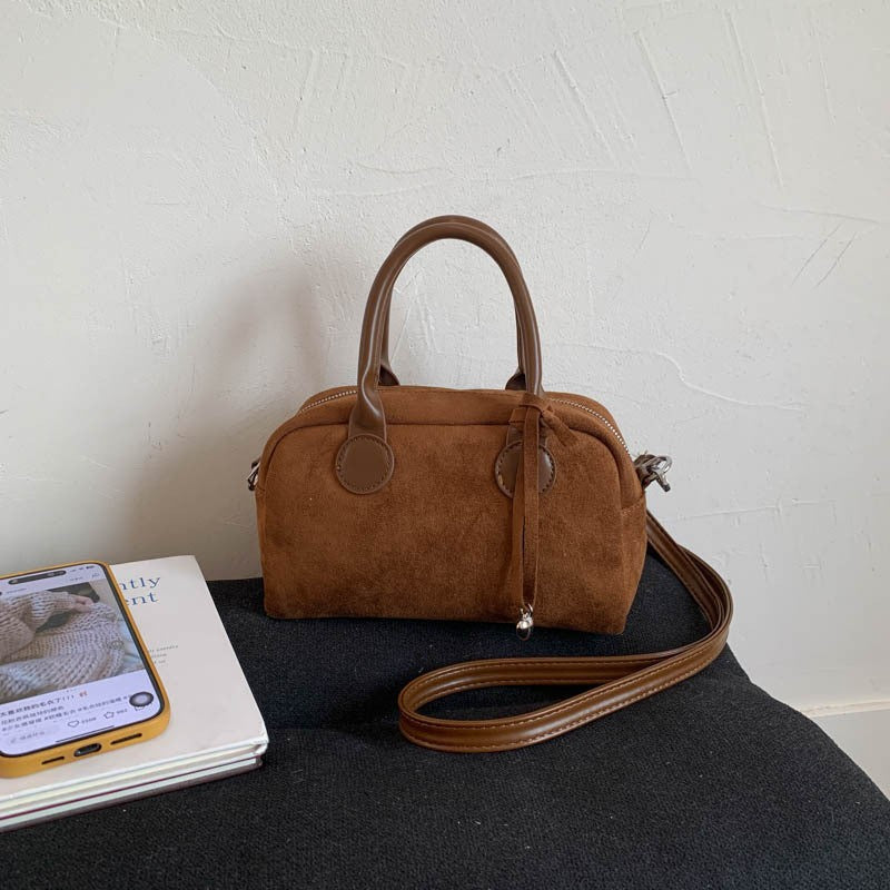 Faux Suede Mini Bowling Bag with Heart Charm - Brown