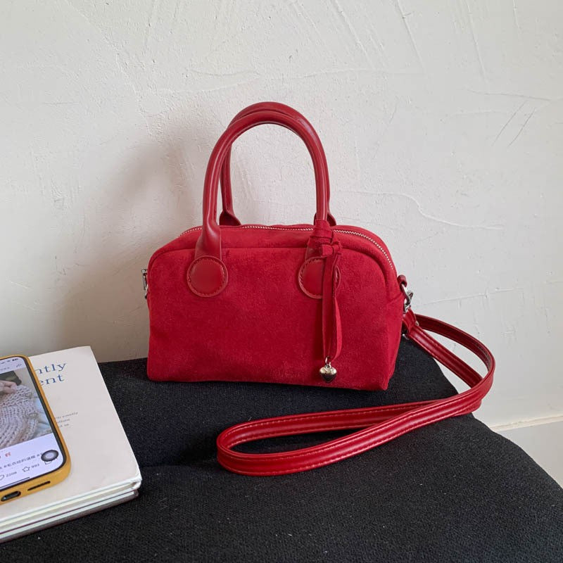 Faux Suede Mini Bowling Bag with Heart Charm - Red