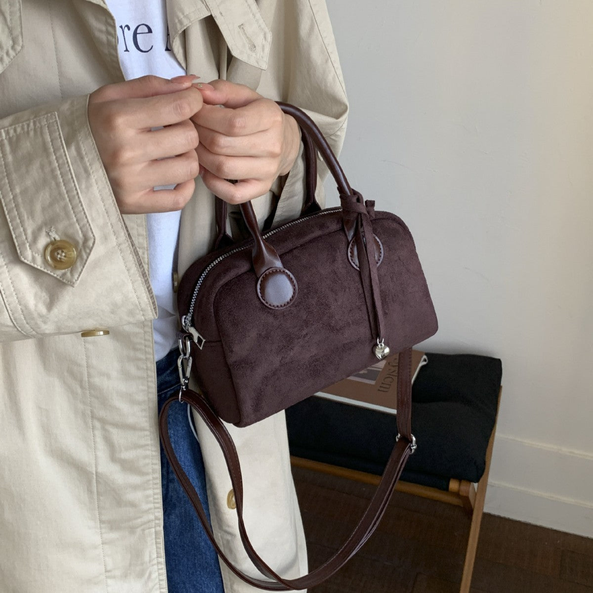 Faux Suede Mini Bowling Bag with Heart Charm