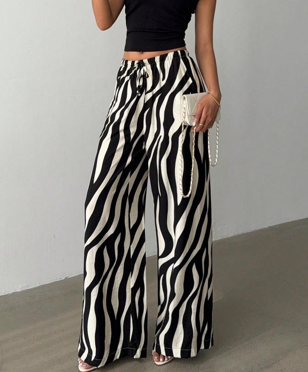 High Waist Zebra Stripe Wide Leg Trousers - Zebra - 1