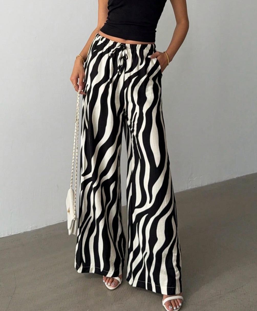 High Waist Zebra Stripe Wide Leg Trousers - Zebra - 2