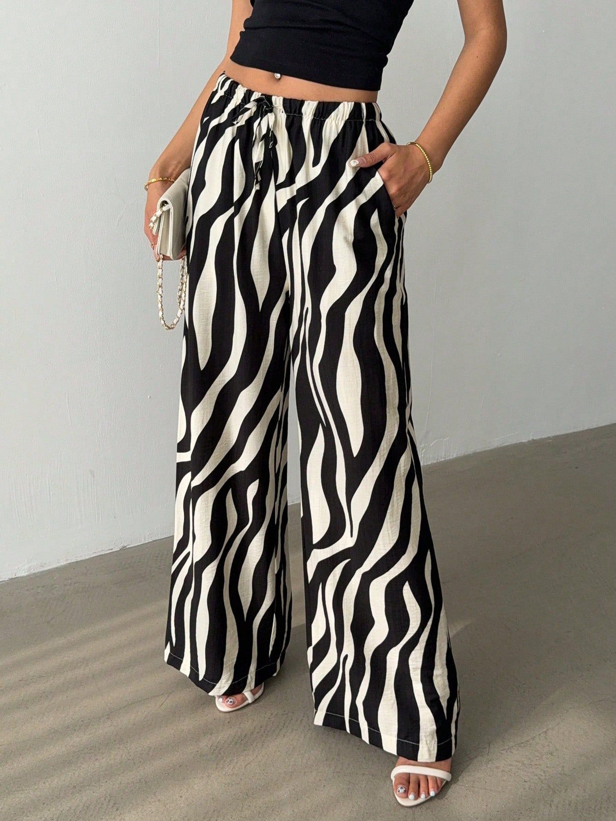 High Waist Zebra Stripe Wide Leg Trousers - Zebra - 3