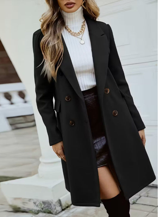 Double Breasted Notch Lapel Longline Coat - Black