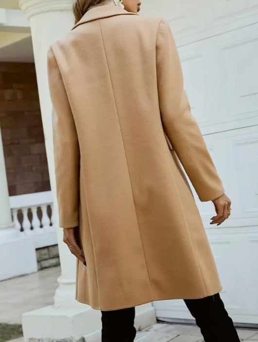 Double Breasted Notch Lapel Longline Coat - Brown - 2