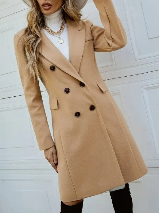 Double Breasted Notch Lapel Longline Coat - Brown - 3