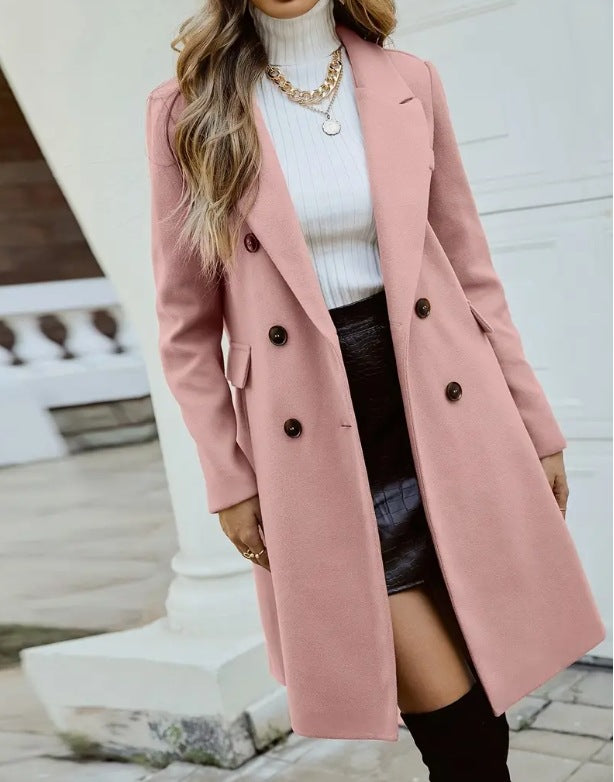 Double Breasted Notch Lapel Longline Coat - Pink