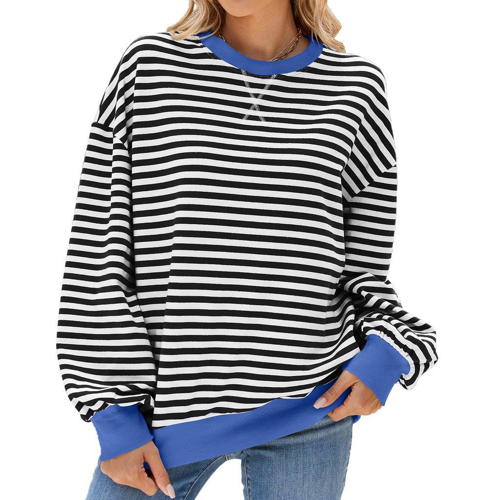 Contrast Trim Striped Drop Shoulder Sweatshirt - Black