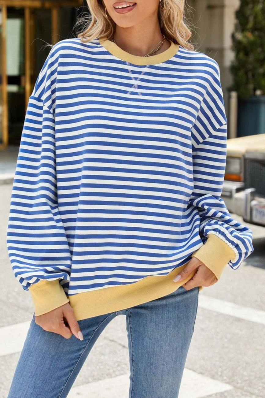 Contrast Trim Striped Drop Shoulder Sweatshirt - Blue