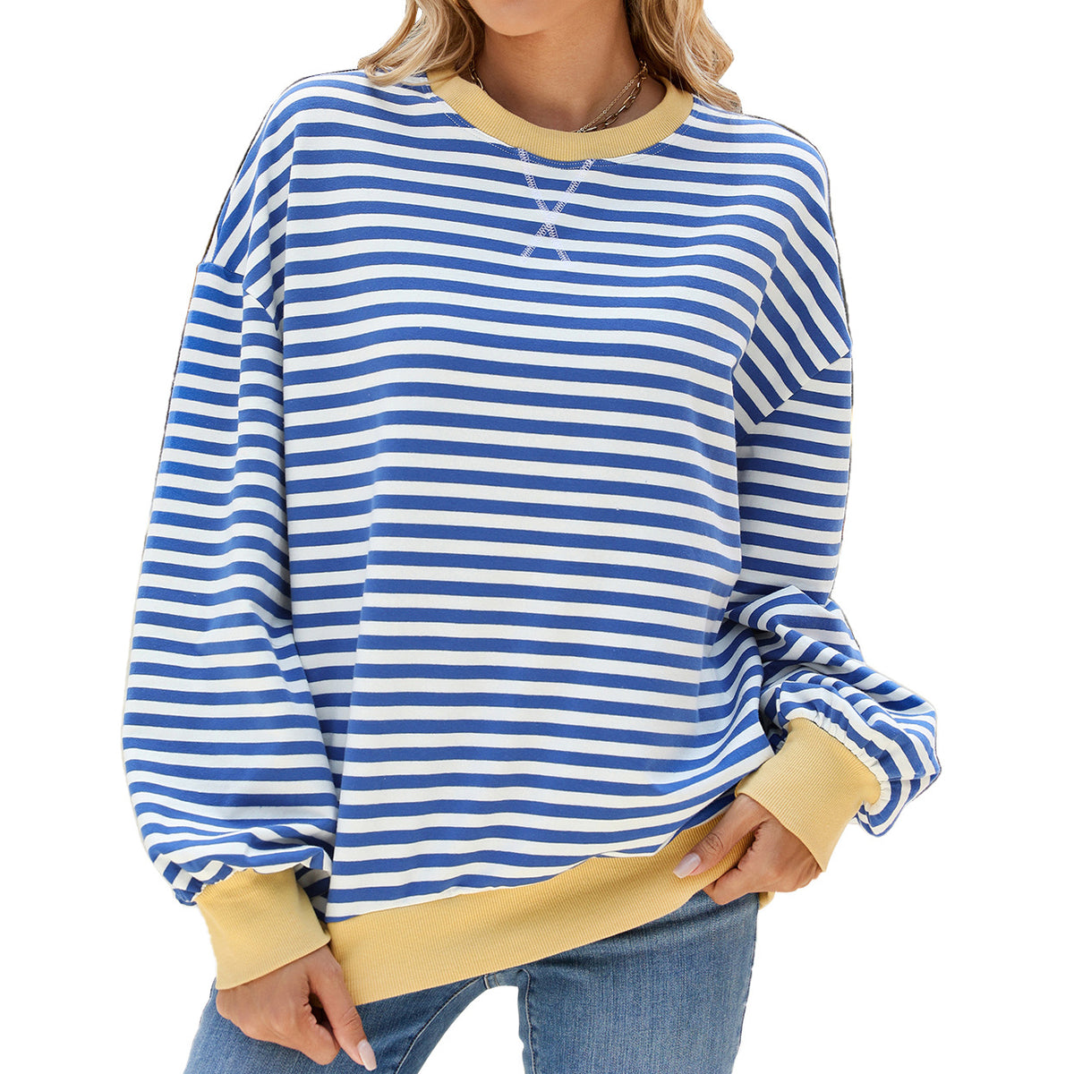 Contrast Trim Striped Drop Shoulder Sweatshirt - Blue - 1
