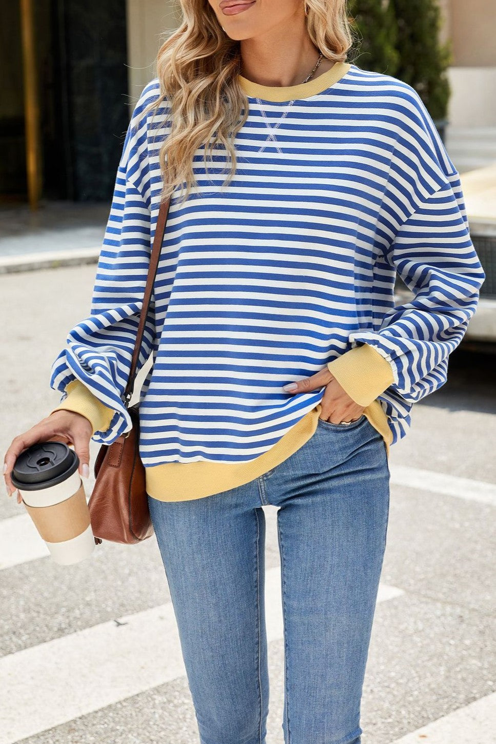 Contrast Trim Striped Drop Shoulder Sweatshirt - Blue - 2