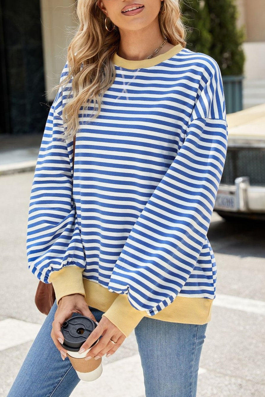 Contrast Trim Striped Drop Shoulder Sweatshirt - Blue - 3
