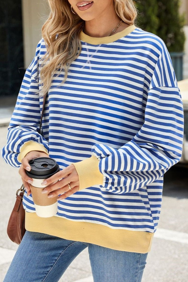 Contrast Trim Striped Drop Shoulder Sweatshirt - Blue - 4