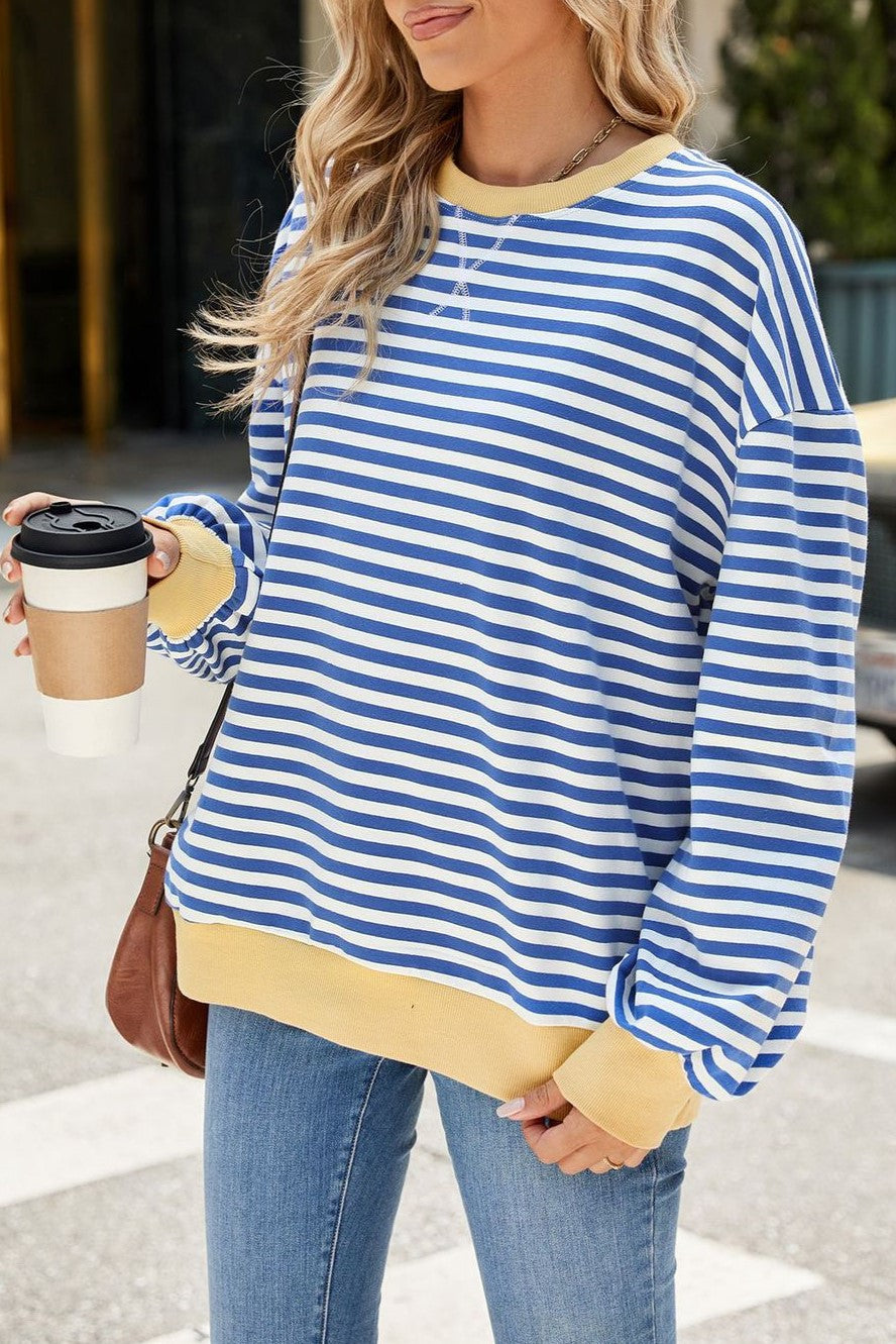 Contrast Trim Striped Drop Shoulder Sweatshirt - Blue - 5