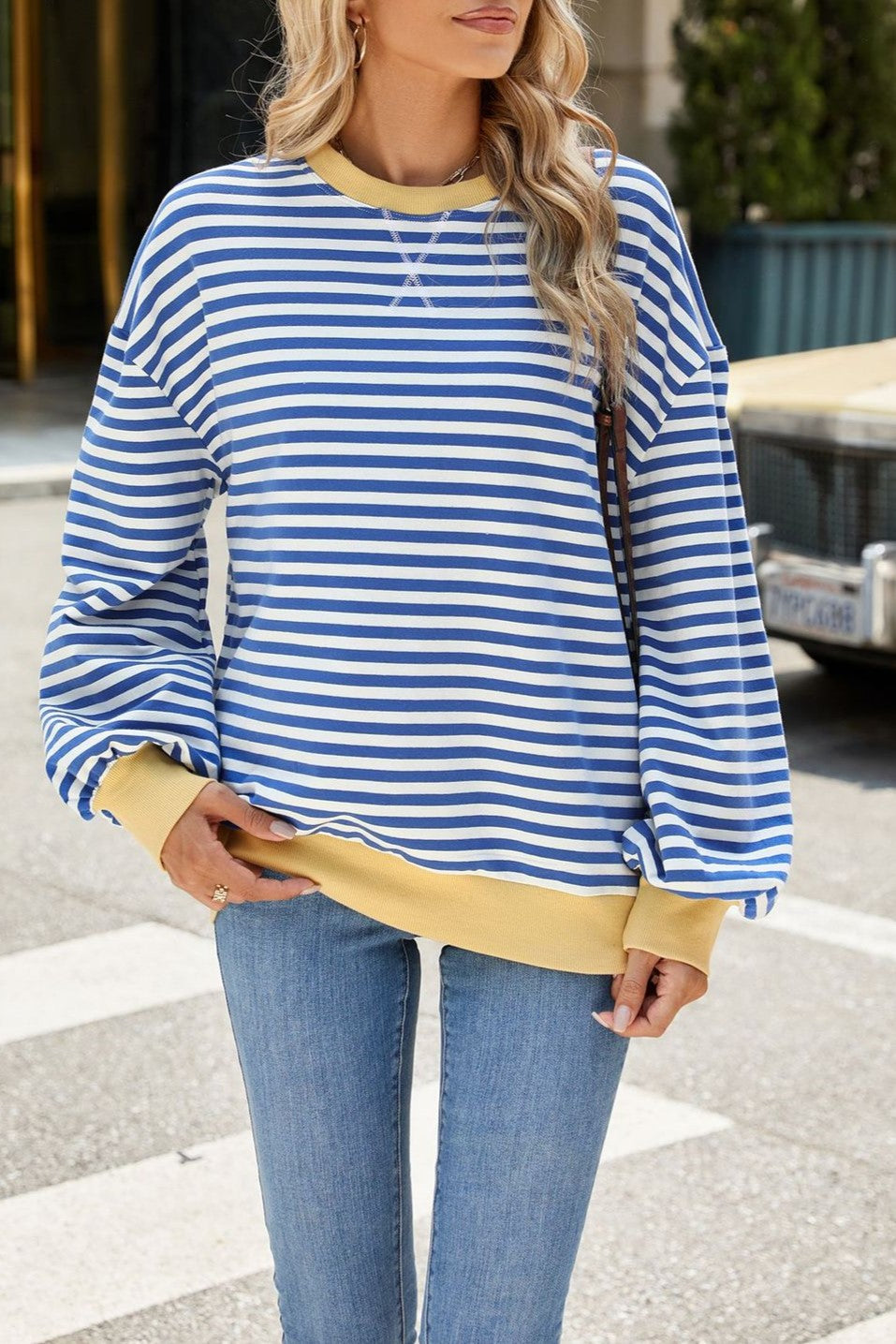 Contrast Trim Striped Drop Shoulder Sweatshirt - Blue - 6