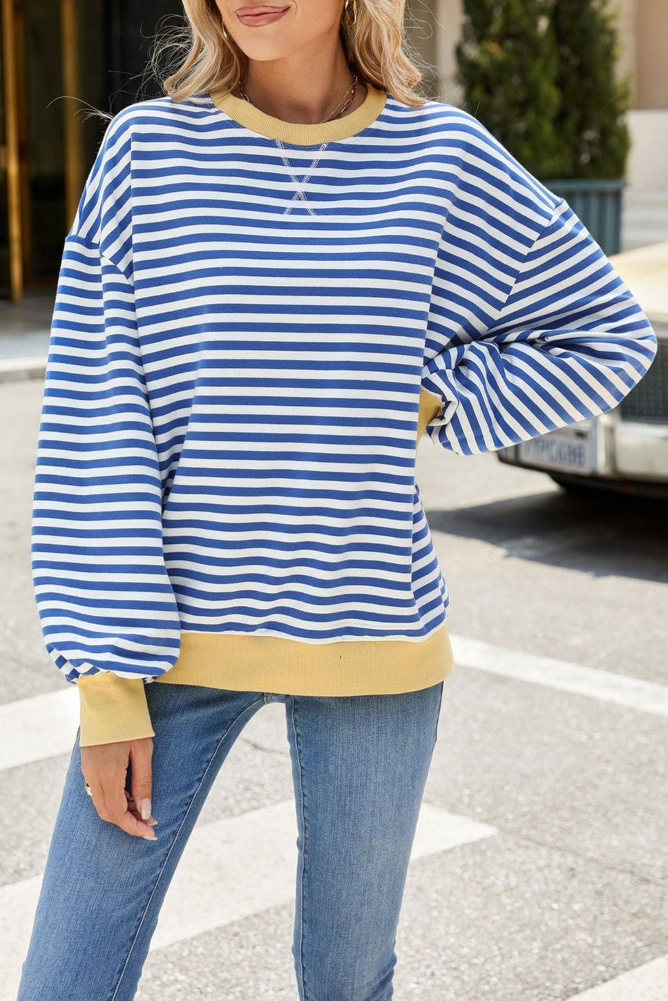 Contrast Trim Striped Drop Shoulder Sweatshirt - Blue - 7