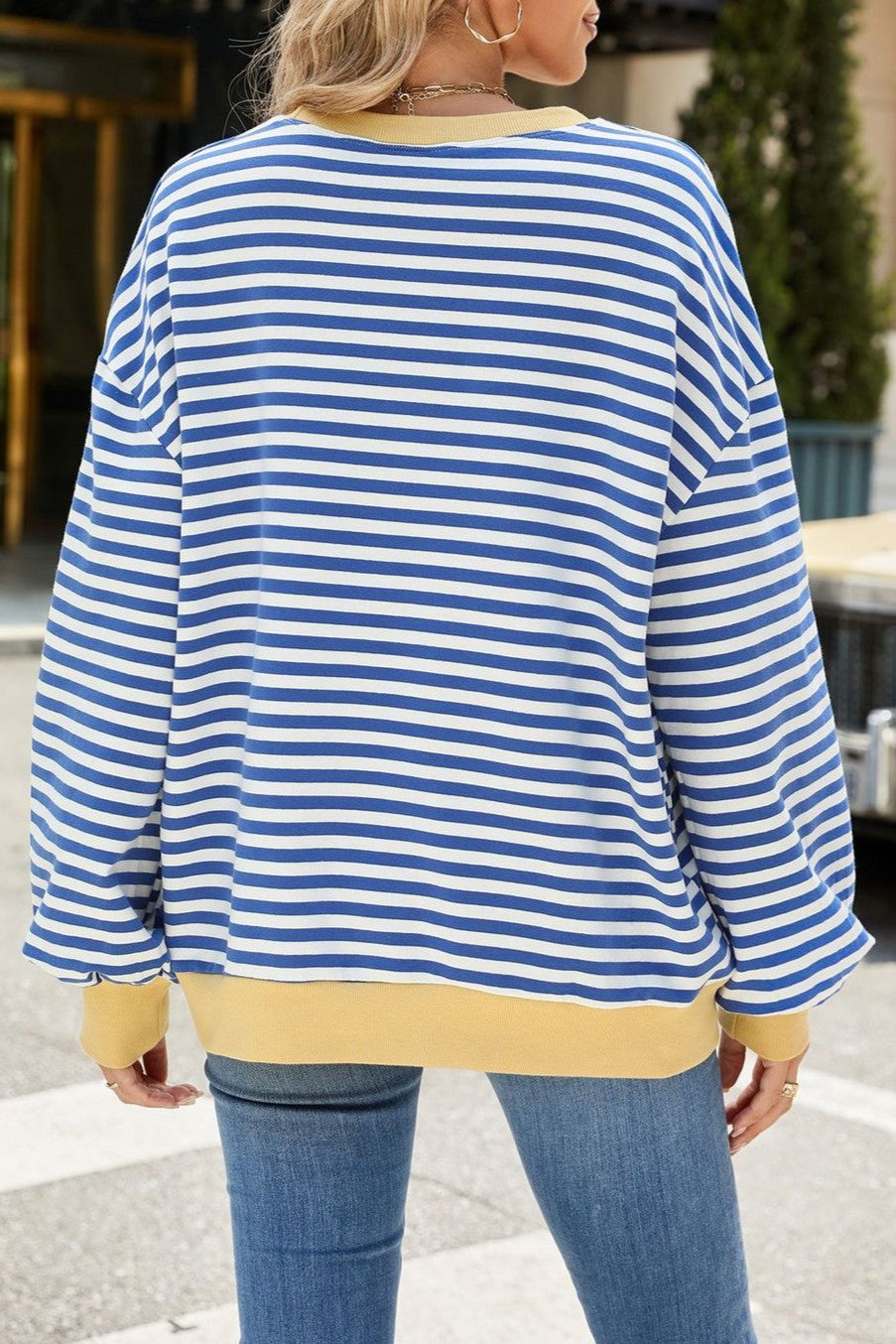 Contrast Trim Striped Drop Shoulder Sweatshirt - Blue - 8