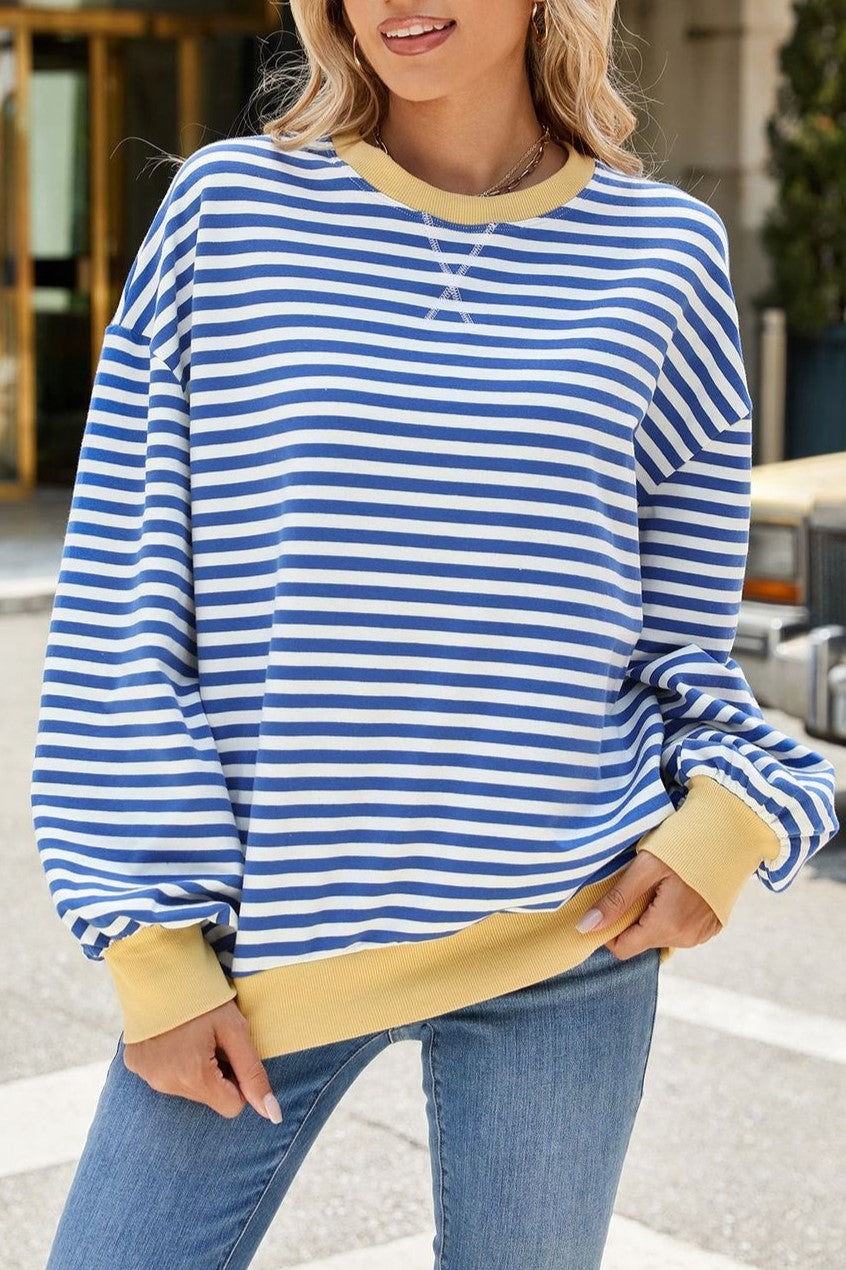 Contrast Trim Striped Drop Shoulder Sweatshirt - Blue - 9