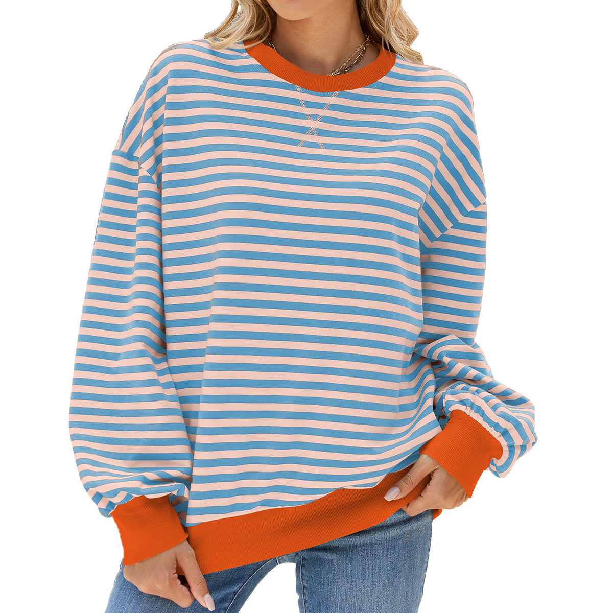Contrast Trim Striped Drop Shoulder Sweatshirt - Blue-P