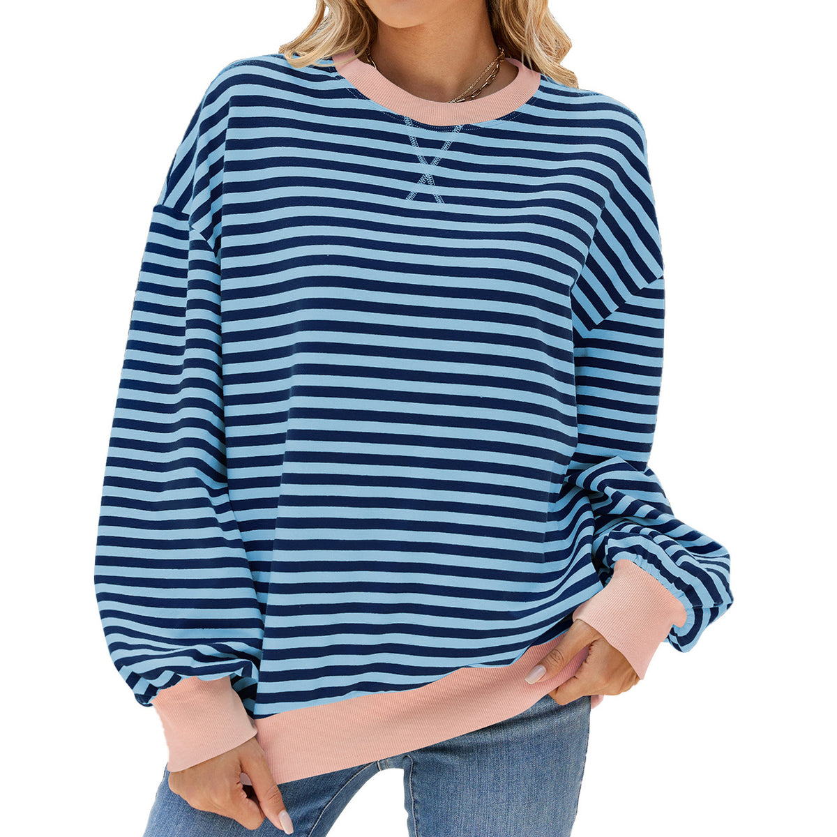 Contrast Trim Striped Drop Shoulder Sweatshirt - Blue-gray