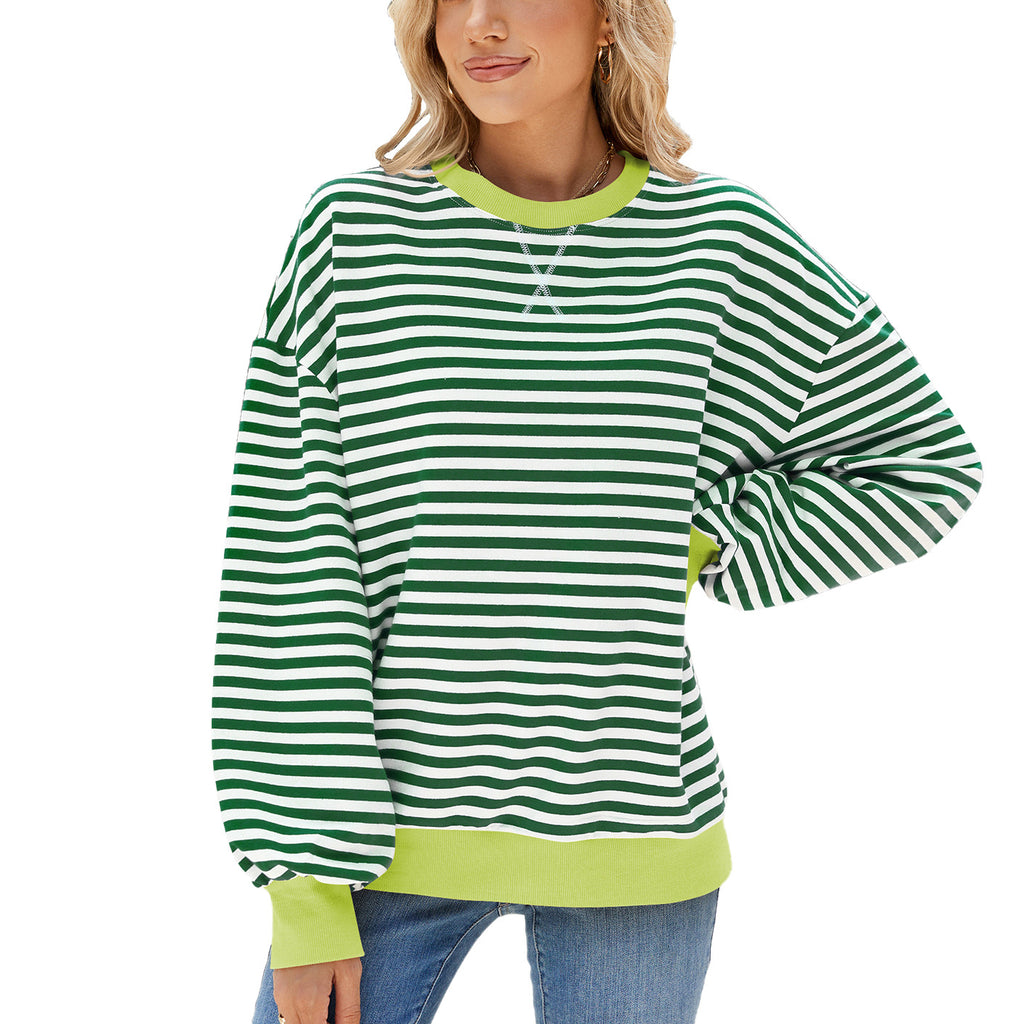Contrast Trim Striped Drop Shoulder Sweatshirt - Green