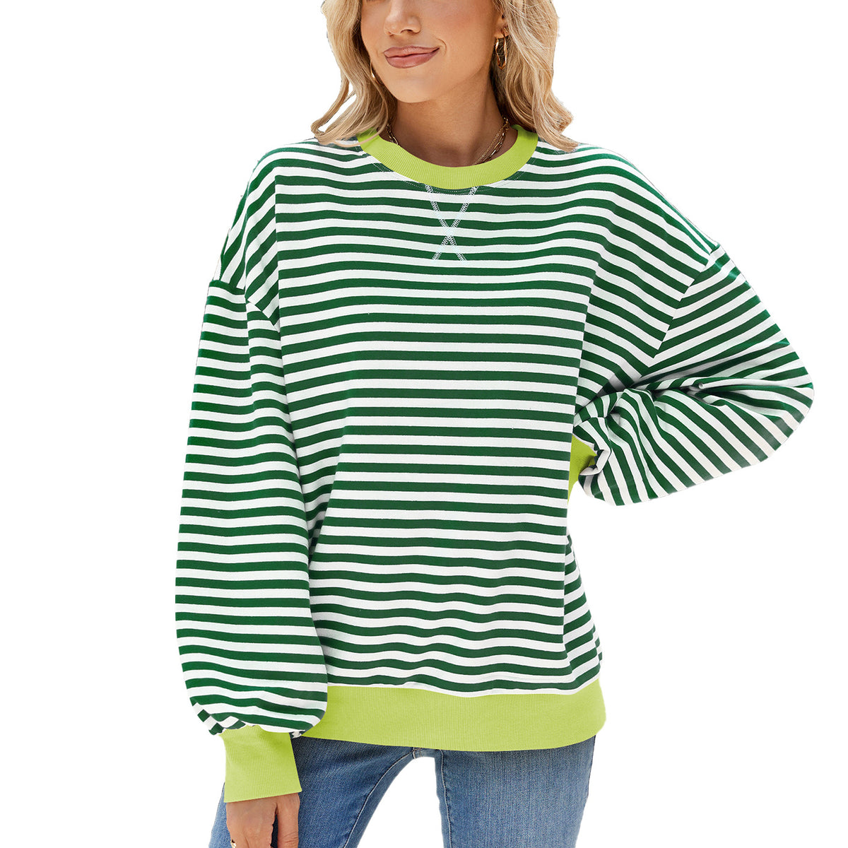Contrast Trim Striped Drop Shoulder Sweatshirt - Green
