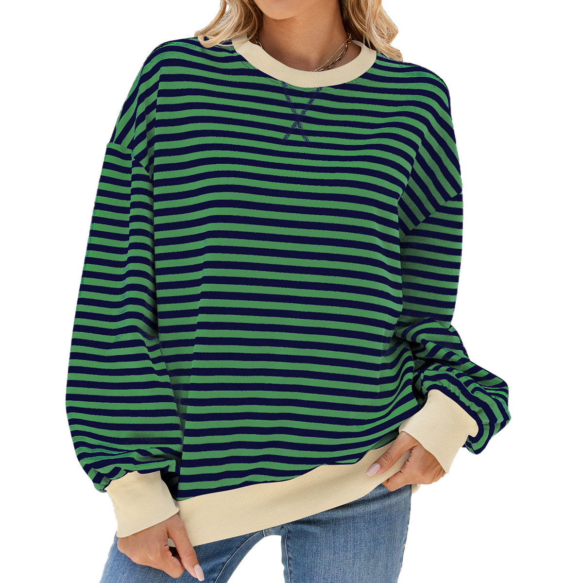 Contrast Trim Striped Drop Shoulder Sweatshirt - Green-N
