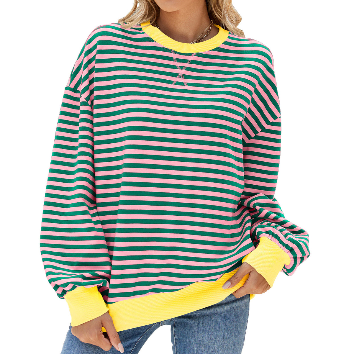 Contrast Trim Striped Drop Shoulder Sweatshirt - Green-Pink