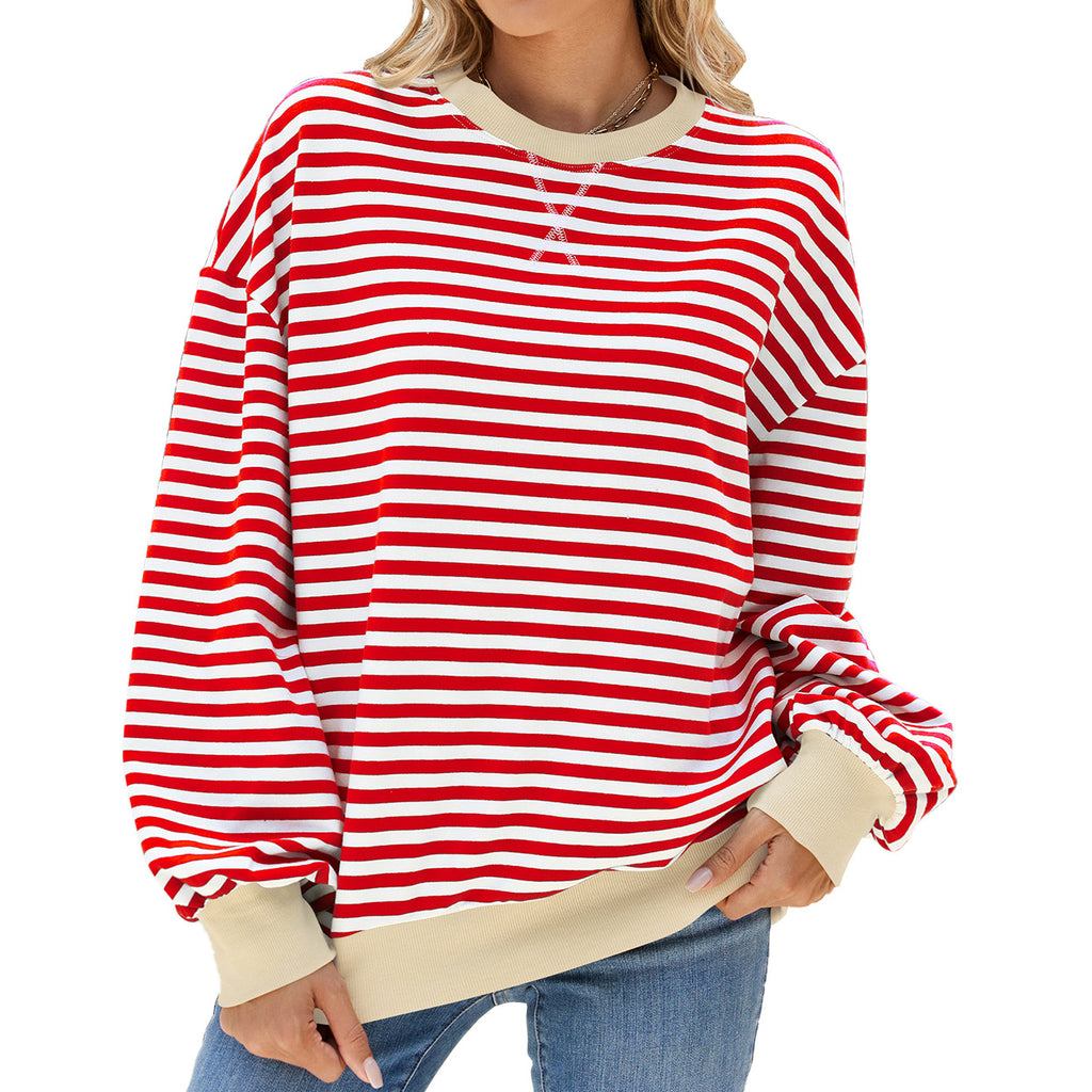 Contrast Trim Striped Drop Shoulder Sweatshirt - Red-W